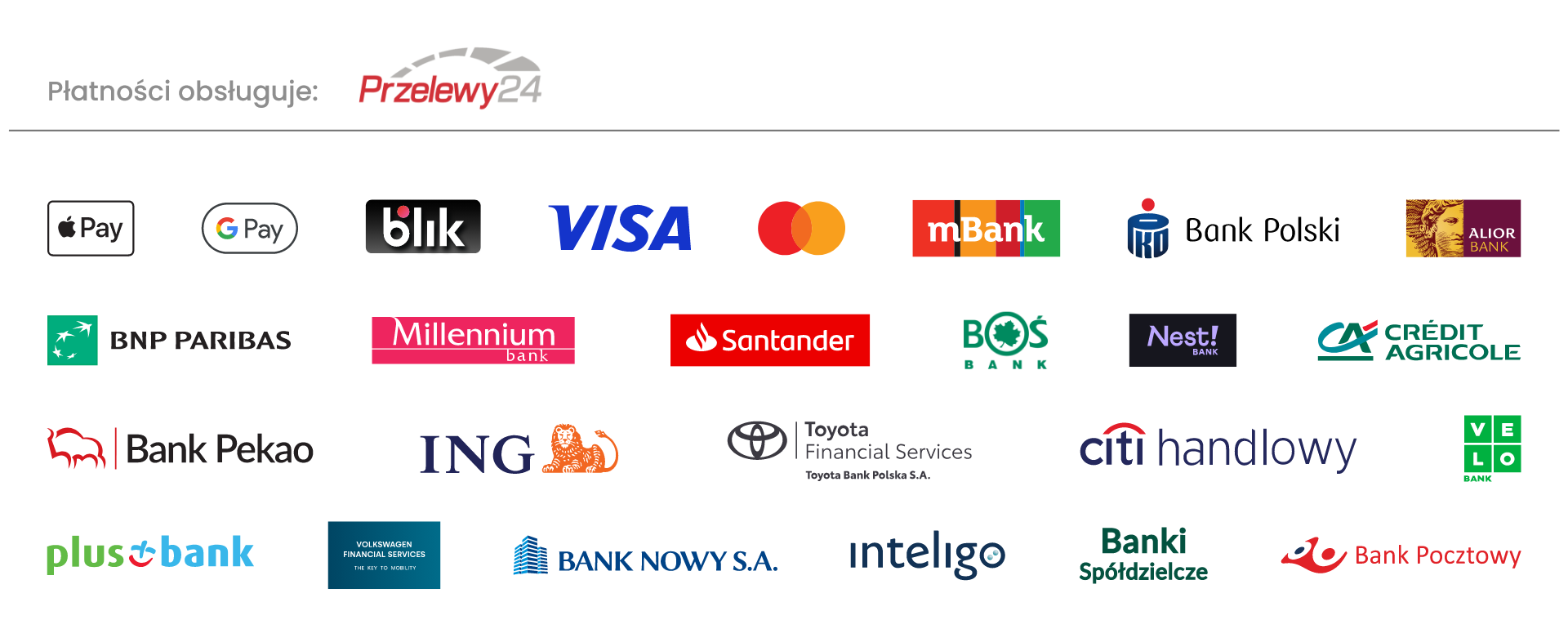 Przelewy24: Apple Pay, Google Pay, BLIK, Visa, Mastercard oraz przelewy bankowe
